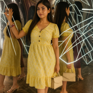 Yellow floral Korean midi dress with puff sleeves and tiered hem