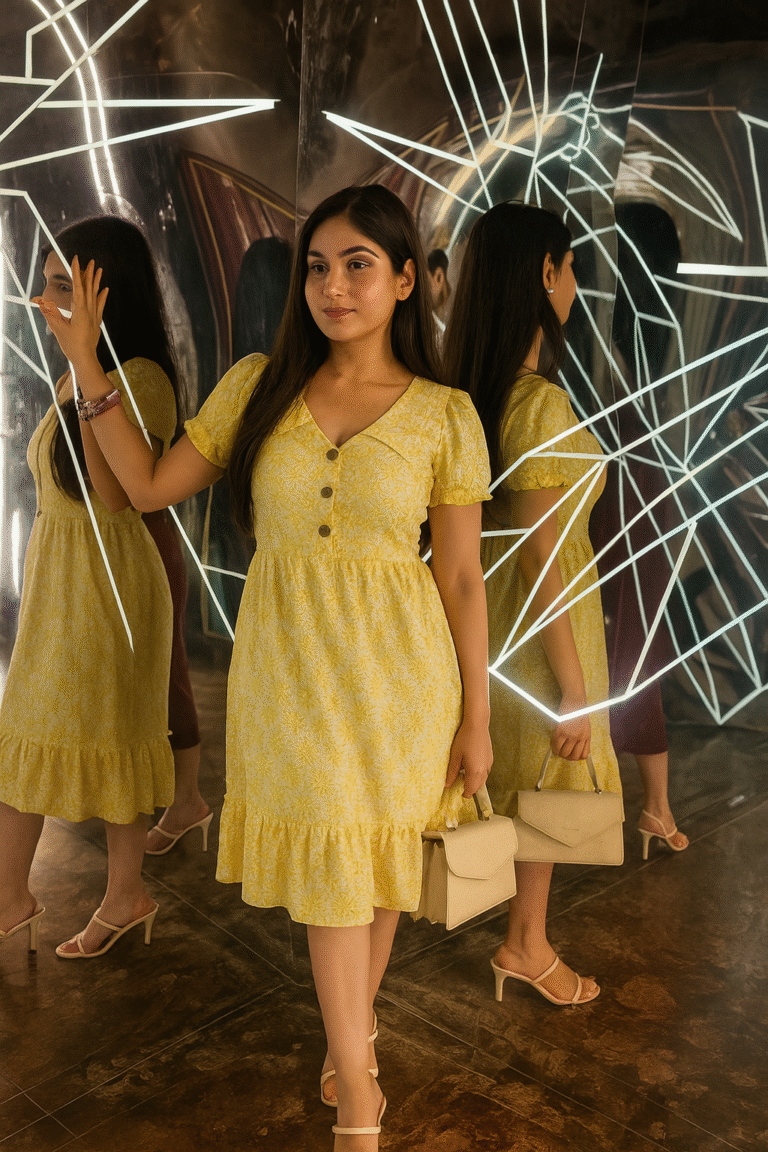Yellow floral Korean midi dress with puff sleeves and tiered hem