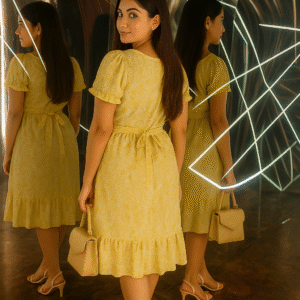 Yellow floral Korean midi dress with puff sleeves and tiered hem