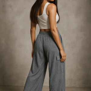 Back view of woman wearing grey cargo wide-leg pants with white crop top