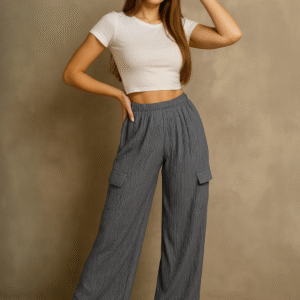 Front view of grey cargo wide-leg pants