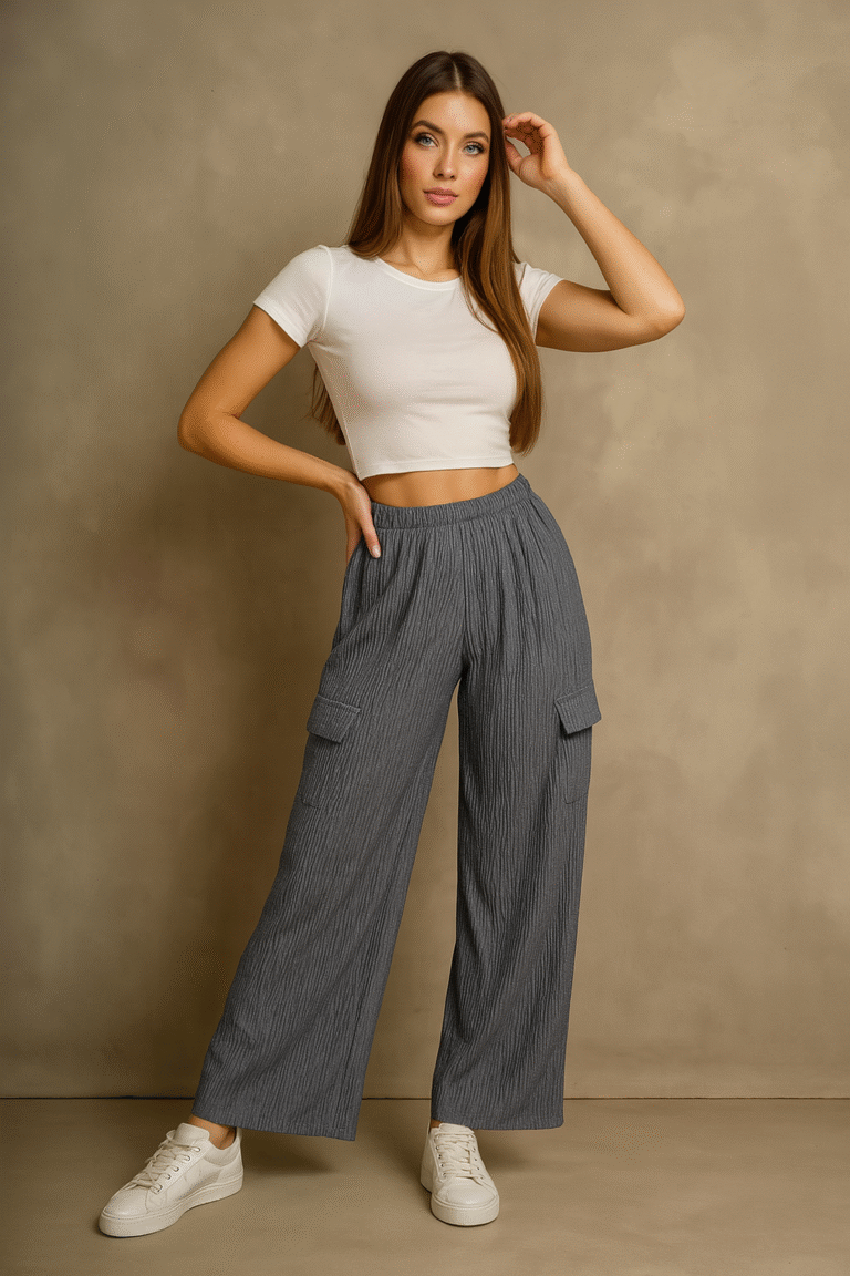 Front view of grey cargo wide-leg pants
