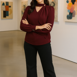 Woman wearing a wine designer drape neck top
