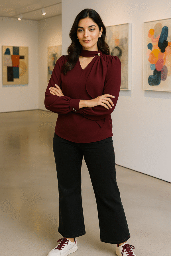 Woman wearing a wine designer drape neck top