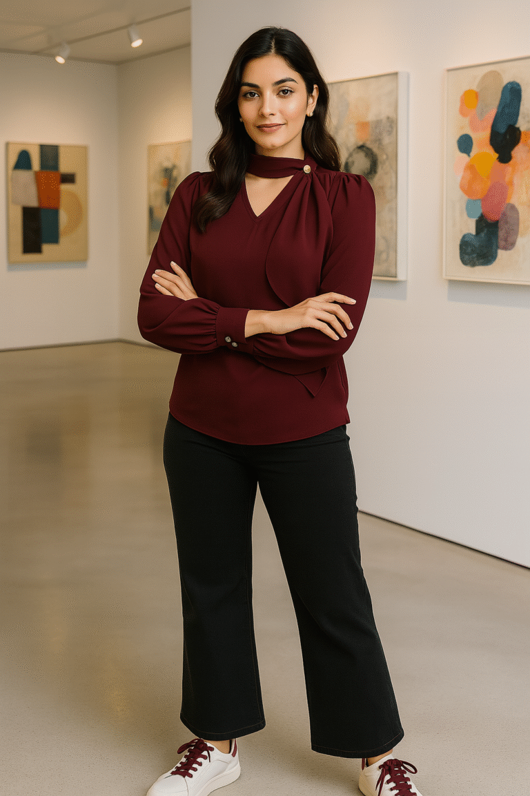 Woman wearing a wine designer drape neck top